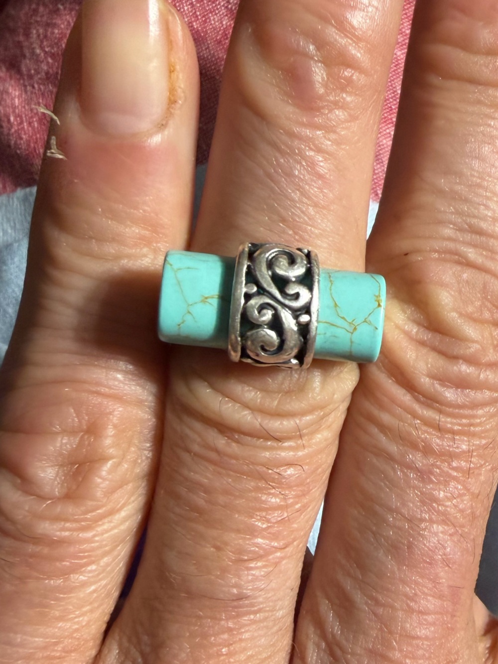 Vintage 925 Sterling Silver Thailand Turquoise Bar Filigree Ring Size 7.75